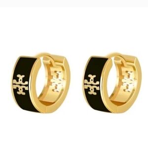 Tory Burch Black and Gold Logo Hoop Earrings